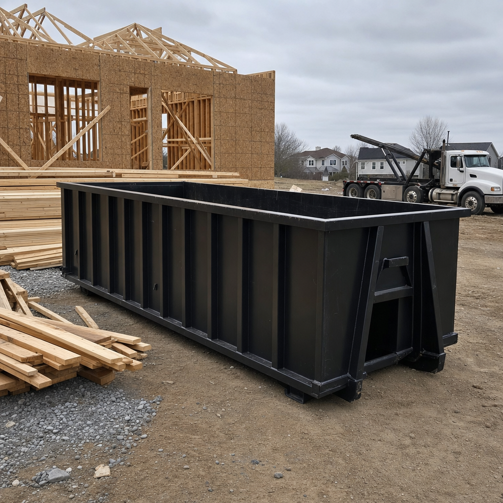 Matte-black 40-yard roll-off dumpster staged on a framed-out residential construction site in Janesville, framing lumber stacked nearby, hooklift delivery truck visible in the background under bright Colorado daylight