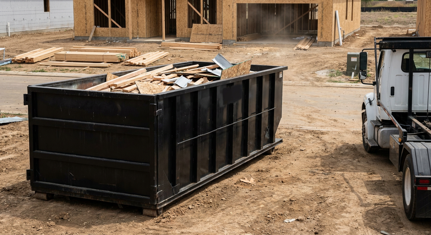Matte-black 20-yard roll-off construction dumpster with heavy ribbed steel sidewalls and swing rear doors at a working jobsite in Janesville, sitting directly on compacted dirt with an unmarked white hauler partially visible at the far edge of the frame.