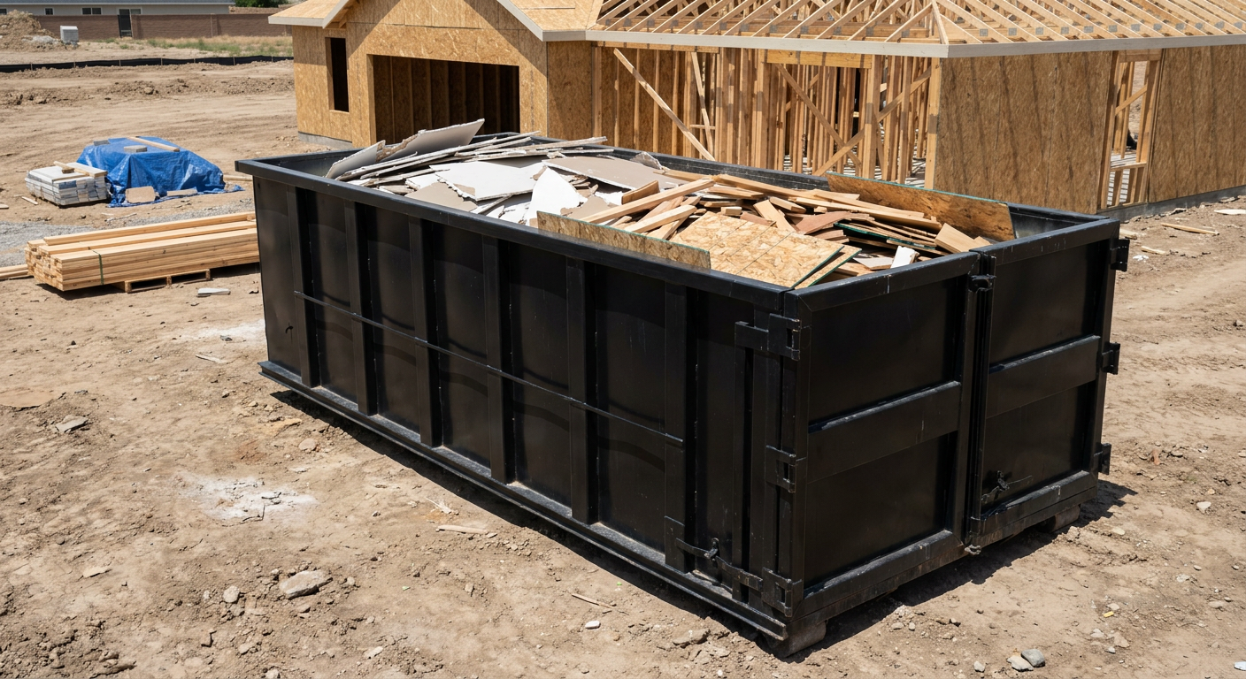 Matte-black 30-yard roll-off construction dumpster sitting directly on the compacted-dirt site of a framed single-family home build in Janesville, drywall and lumber scrap loaded inside.