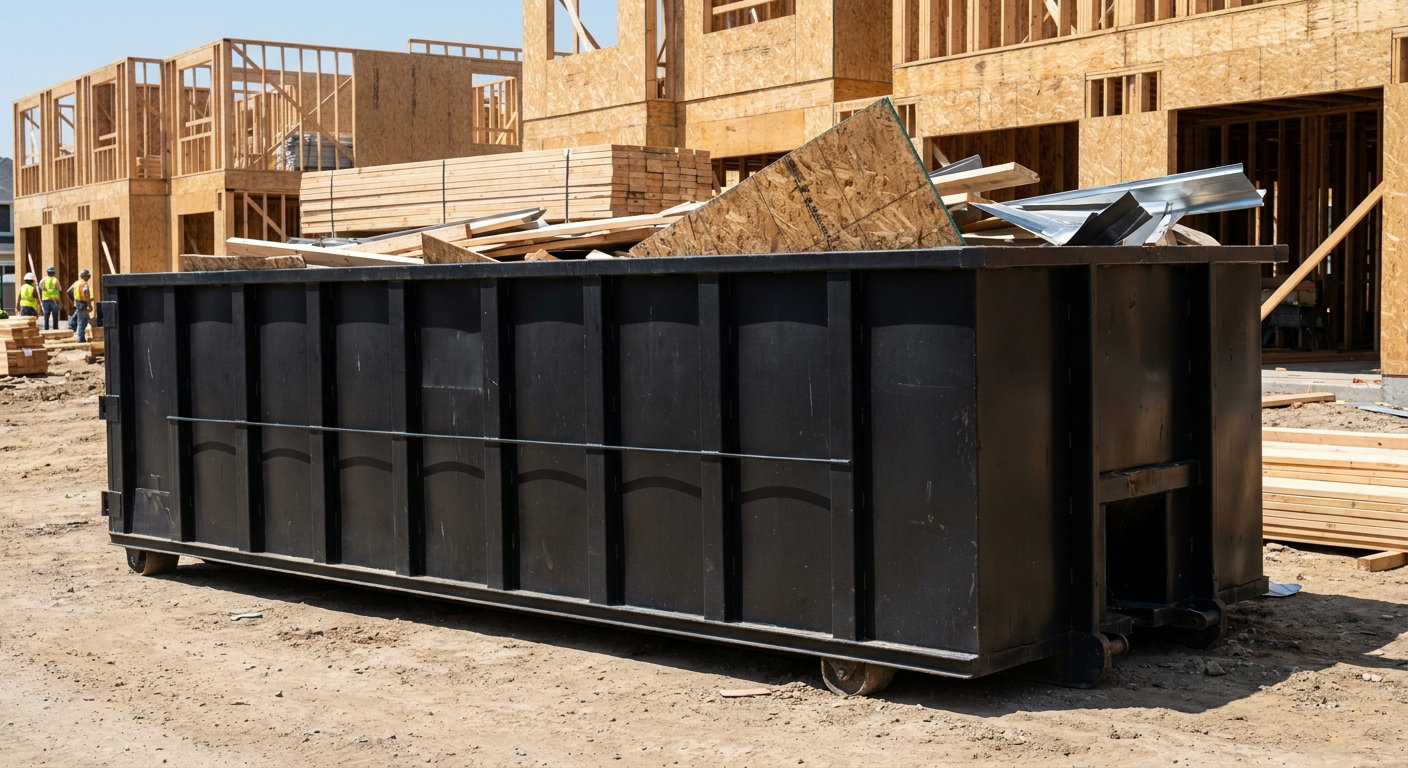 Matte-black 40-yard roll-off construction dumpster being lowered from a white-cab hooklift delivery truck onto the compacted-dirt jobsite at a commercial build site in Janesville