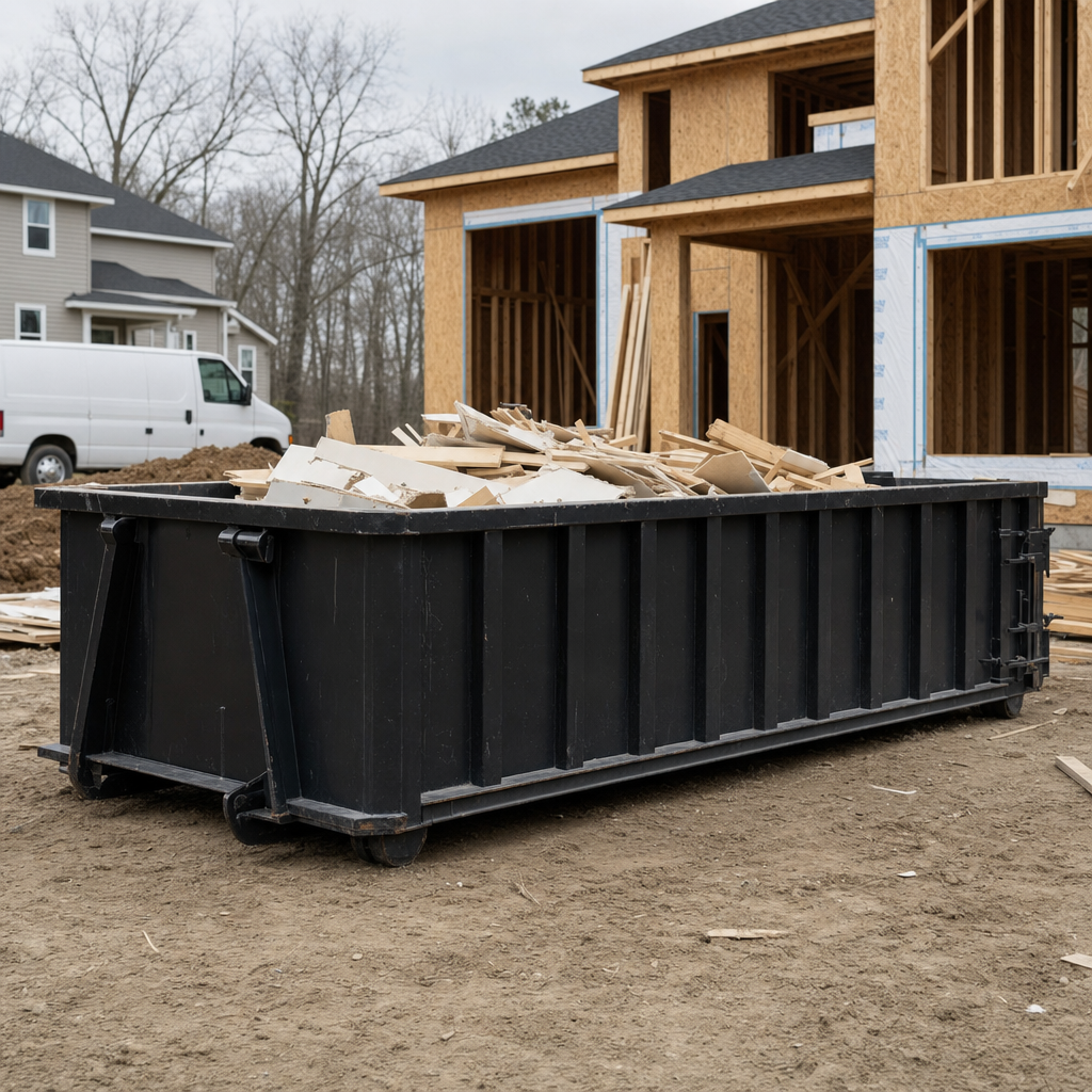 Worker in a yellow high-visibility vest tossing framing lumber and broken drywall into a matte-black 30-yard construction roll-off dumpster on an active build site in Janesville, bright daylight