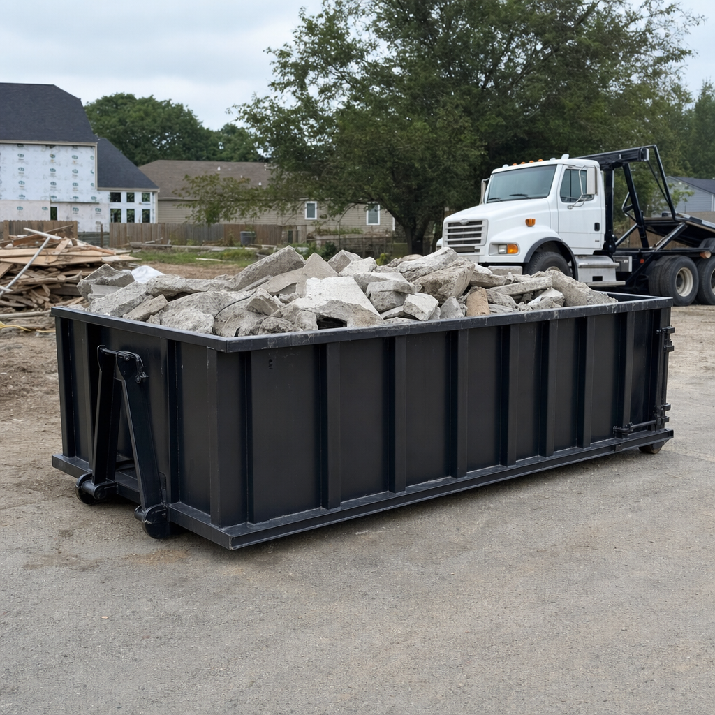 Low-profile matte-black lowboy roll-off dumpster loaded with broken concrete slab and rebar at a foundation tear-out in Janesville, skid steer parked beside it, sunny Colorado morning