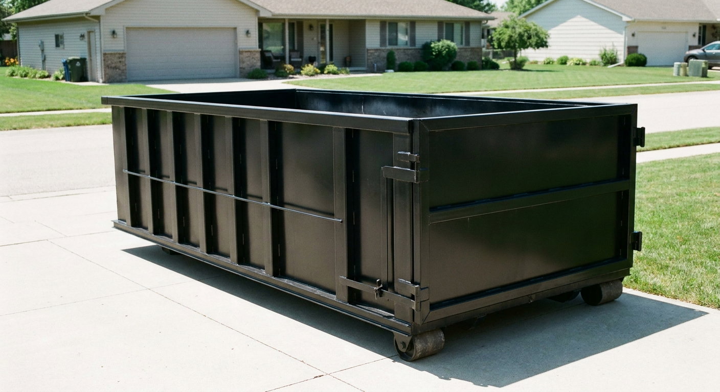 Matte-black 10-yard roll-off dumpster on a residential concrete driveway in Janesville, uniformly painted matte black across every panel and rail, ribbed steel sidewalls and rear swing door visible, mid-day daylight.