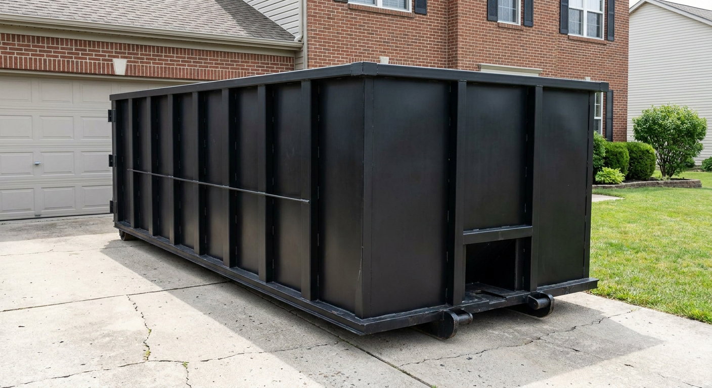 Matte-black 20-yard roll-off container on a Janesville residential concrete driveway with reinforced ribbed steel sidewalls and a hinged rear walk-in door, clean bright daylight.