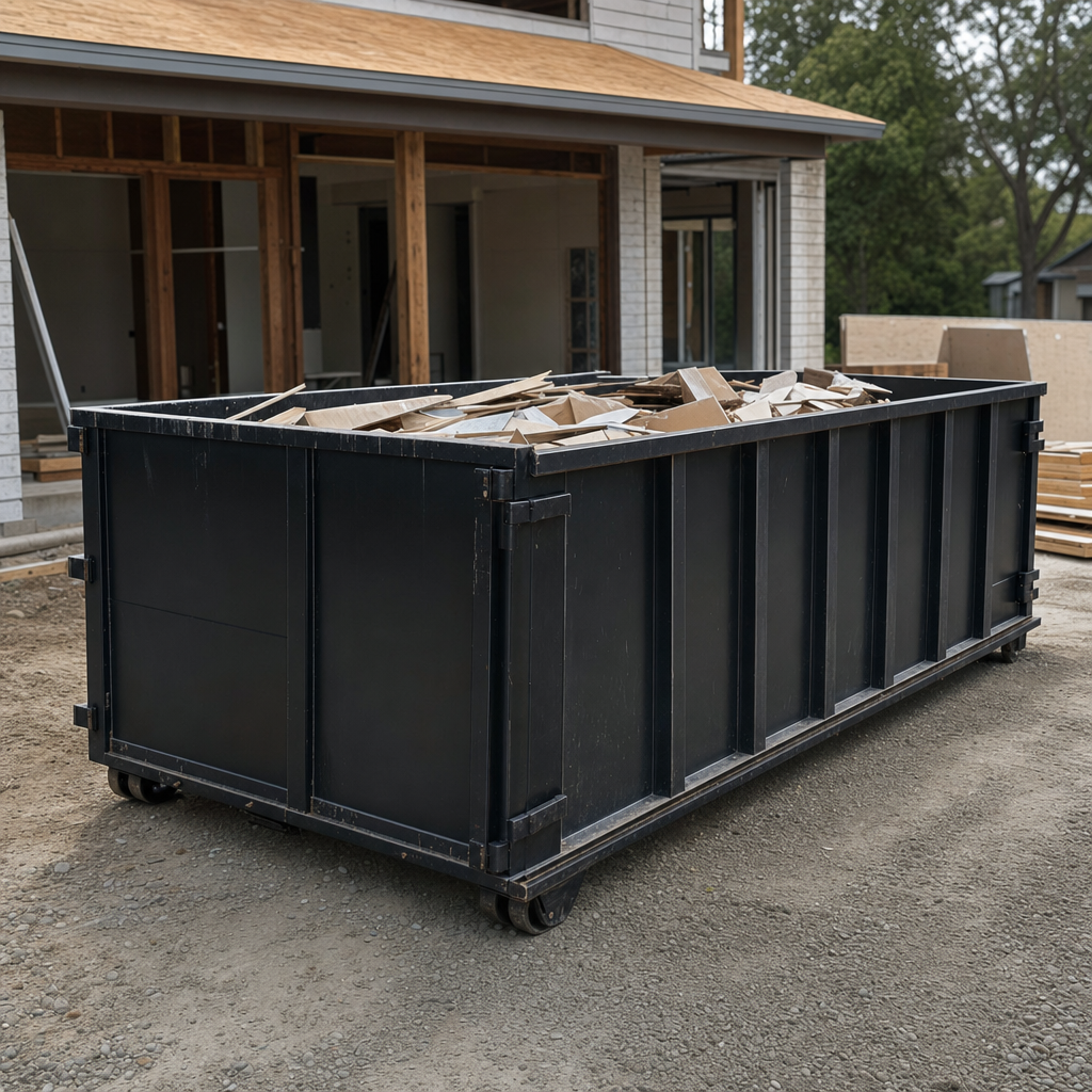 Large matte-black 30-yard construction roll-off dumpster at an active Janesville jobsite, steel-gray top rails and bottom rollers visible, loaded with construction debris.