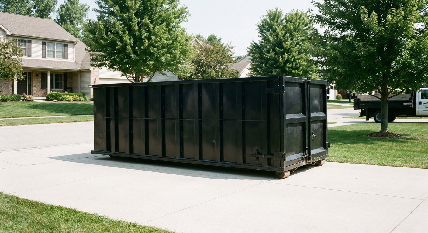 Matte-black 20-yard roll-off dumpster sitting level on a clean Janesville residential concrete driveway under bright daylight, demonstrating clean placement directly on the concrete.