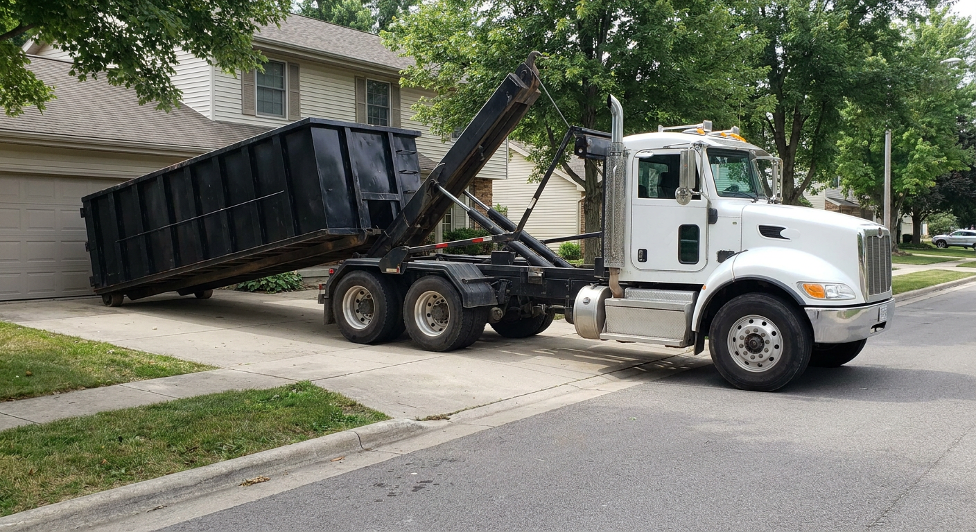 White-cab hooklift roll-off truck actively lowering a matte-black dumpster onto a Janesville residential concrete driveway, the dumpster's rear wheels touching the driveway as the hoist arm tilts the bed forward, mid-morning daylight.