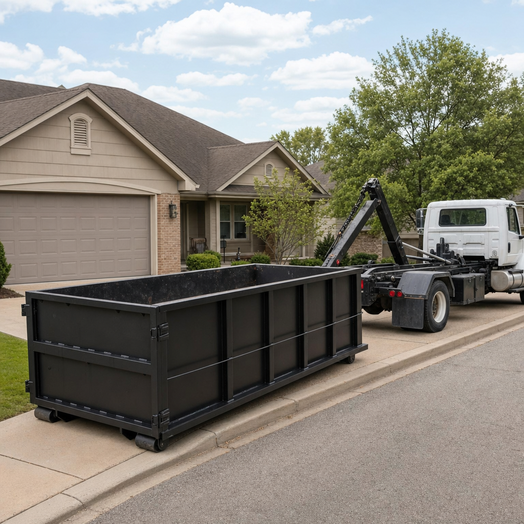 Wide documentary shot of a matte-black roll-off dumpster on a Janesville residential driveway in the foreground and a contractor jobsite container in the soft-focus background, bright daylight, calm and orderly composition.