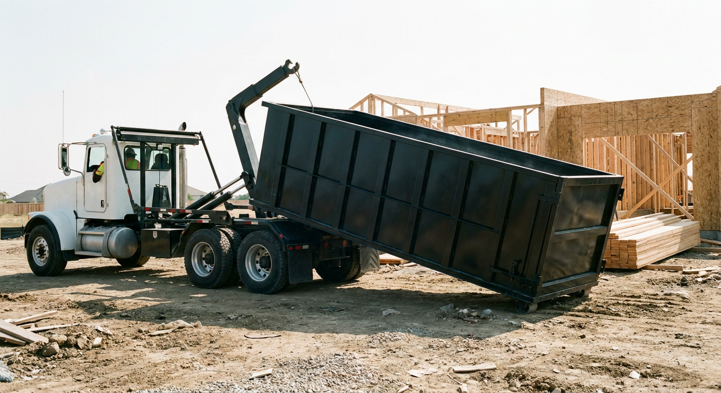 Matte-black roll-off dumpster being delivered onto a clean residential concrete driveway in Janesville by an unmarked white hooklift hauler truck, bright morning daylight, documentary 35mm perspective.