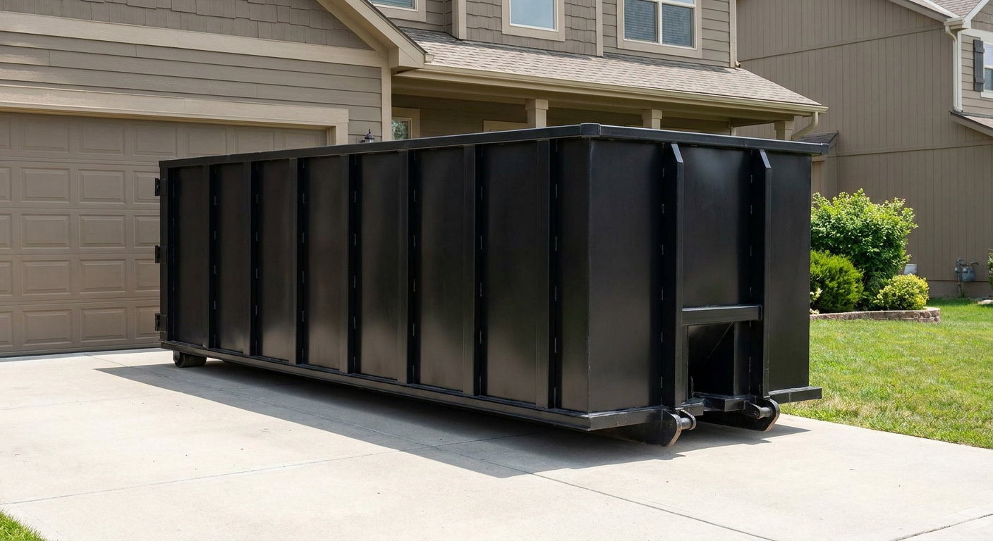 Matte-black residential roll-off dumpster sitting directly on a suburban Janesville concrete driveway, garage door closed, single-family home in background, bright morning daylight.