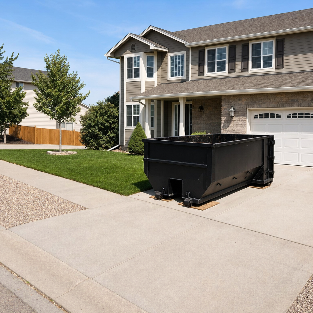 10-yard matte-black residential dumpster placed directly on a narrow Janesville concrete driveway, room remains for a parked sedan beside it, mid-morning natural light