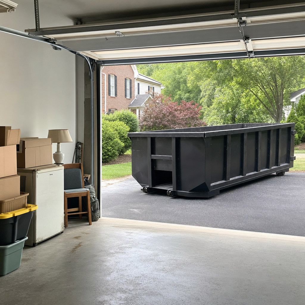 Open garage interior in a Janesville home mid-cleanout — boxed items, an old appliance, and stacked yard tools queued near the driveway for a matte-black roll-off dumpster, organized and calm