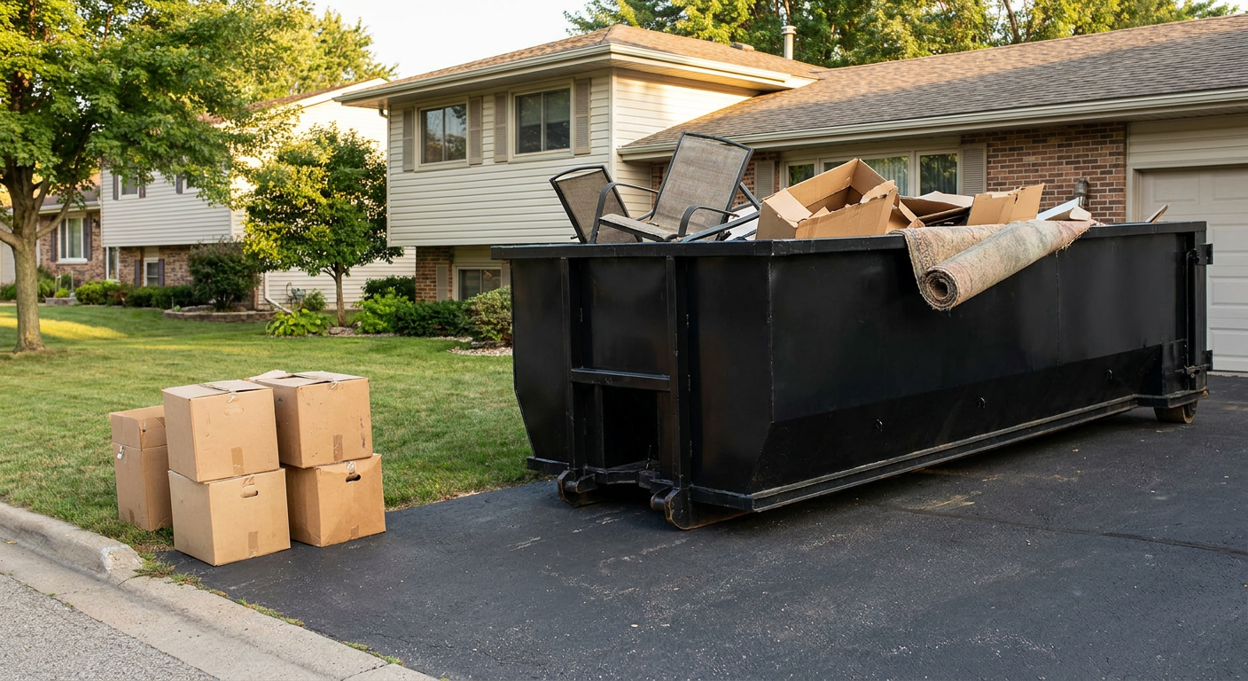 Front-yard view of a Janesville split-level home with a 20-yard matte-black roll-off dumpster sitting directly on the asphalt driveway, a few clearly labeled donation boxes staged at the curb, calm sunny afternoon.