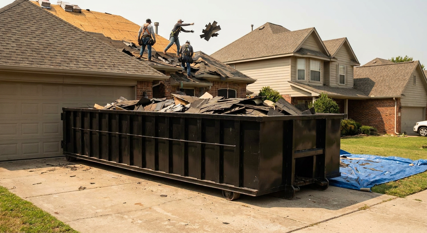 Matte-black roofing roll-off dumpster placed directly on a Janesville residential concrete driveway, a tear-off crew on a two-story asphalt-shingle roof tossing shingle bundles into the low-walled container, bright daylight, documentary 35mm perspective.