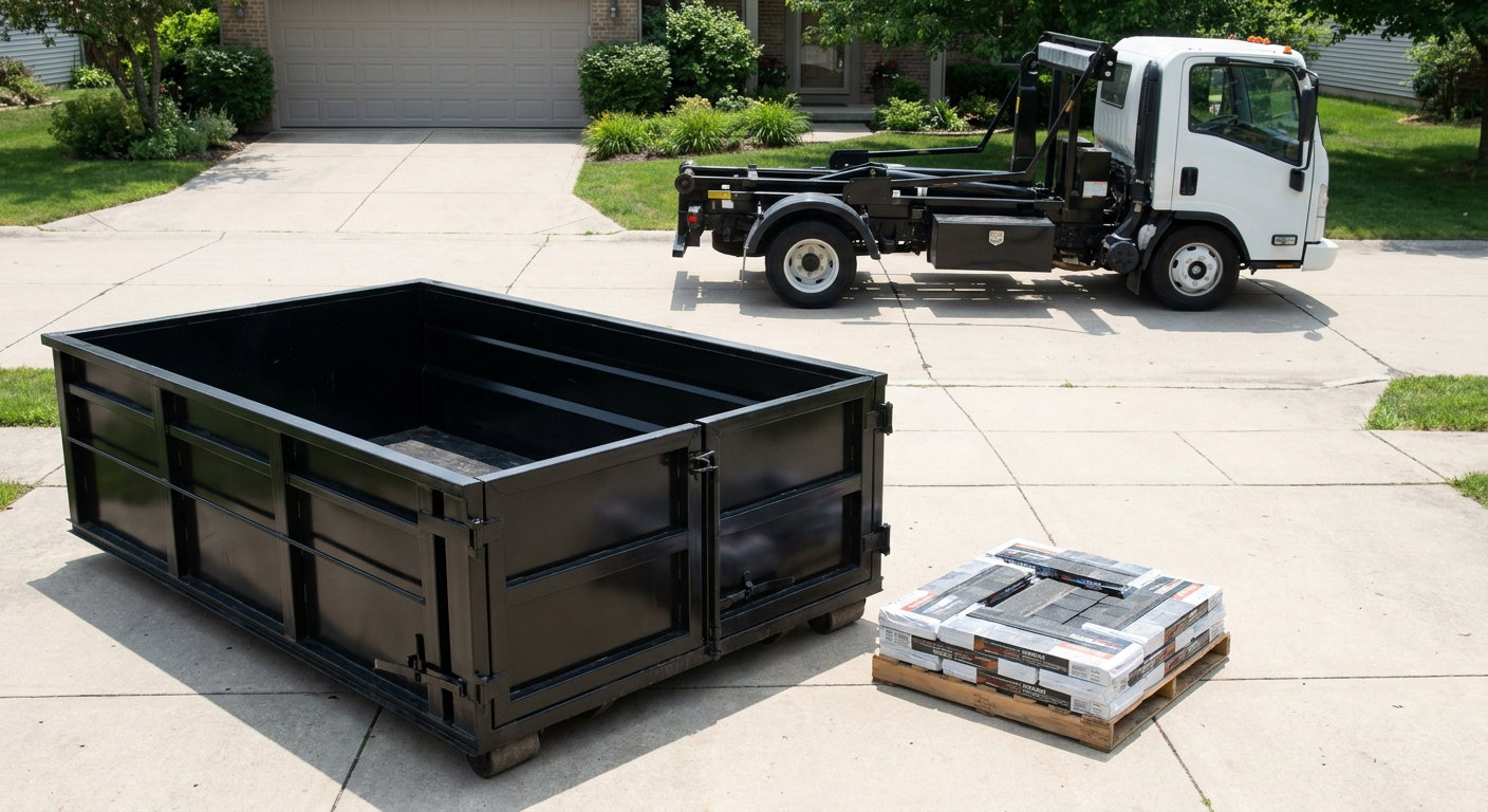 Matte-black 15-yard roofing roll-off dumpster with reinforced low side walls sitting directly on a Janesville residential concrete driveway, three-tab asphalt shingle bundles stacked nearby, an unmarked white hauler truck partially visible at the edge of the frame.