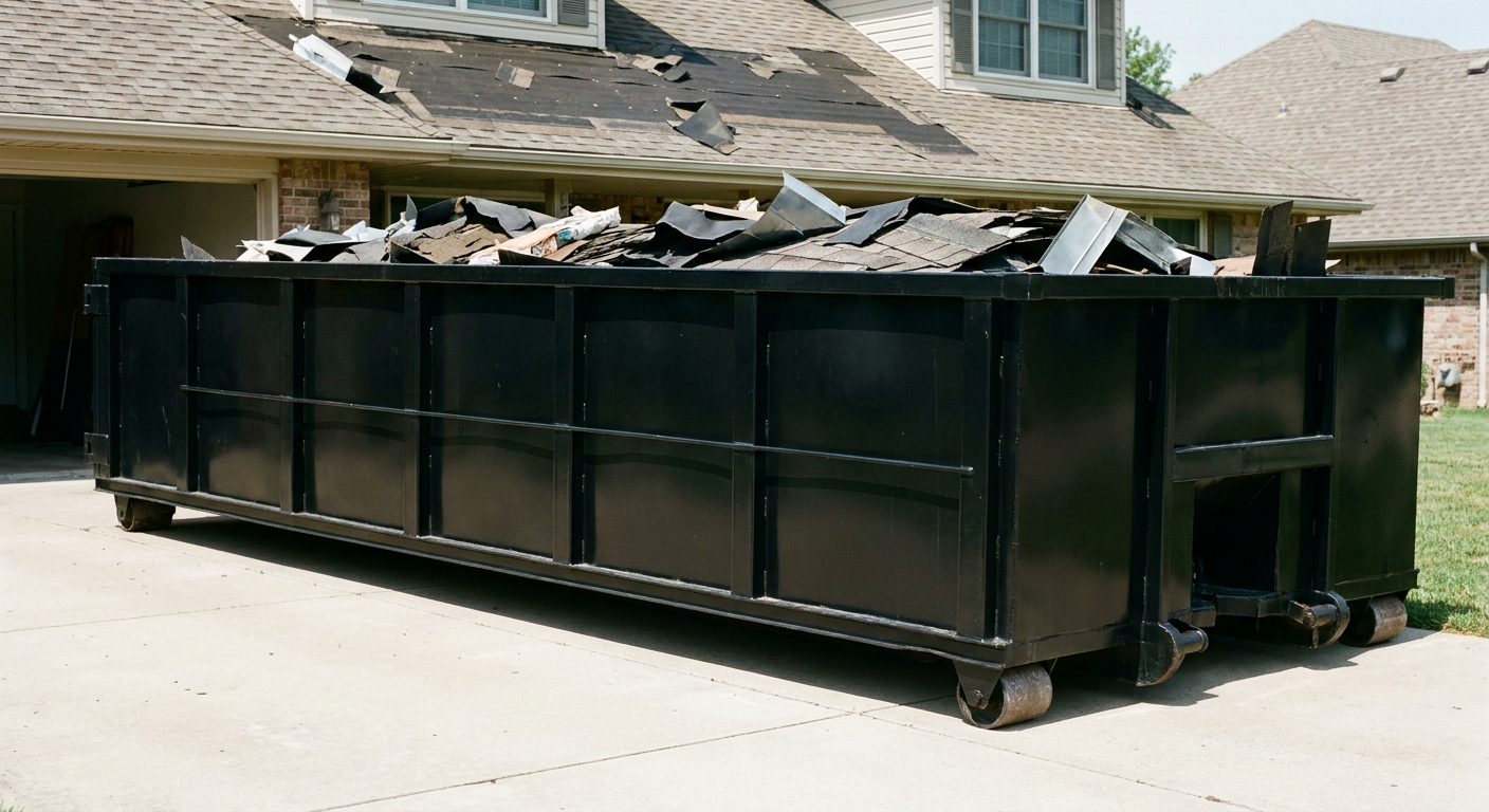 Matte-black 20-yard roofing roll-off dumpster with steel ribbed sides and swinging rear door, sitting directly on the concrete driveway of a two-story Janesville home, asphalt shingle debris being loaded over the low wall, clean documentary lighting.