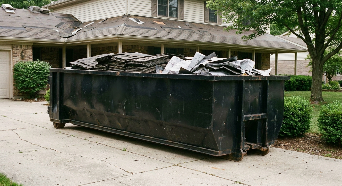 Matte-black 30-yard roofing roll-off dumpster sitting directly on a Janesville concrete driveway, taller ribbed steel side panels, mixed tear-off debris of asphalt shingles and underlayment inside, professional documentary daylight.