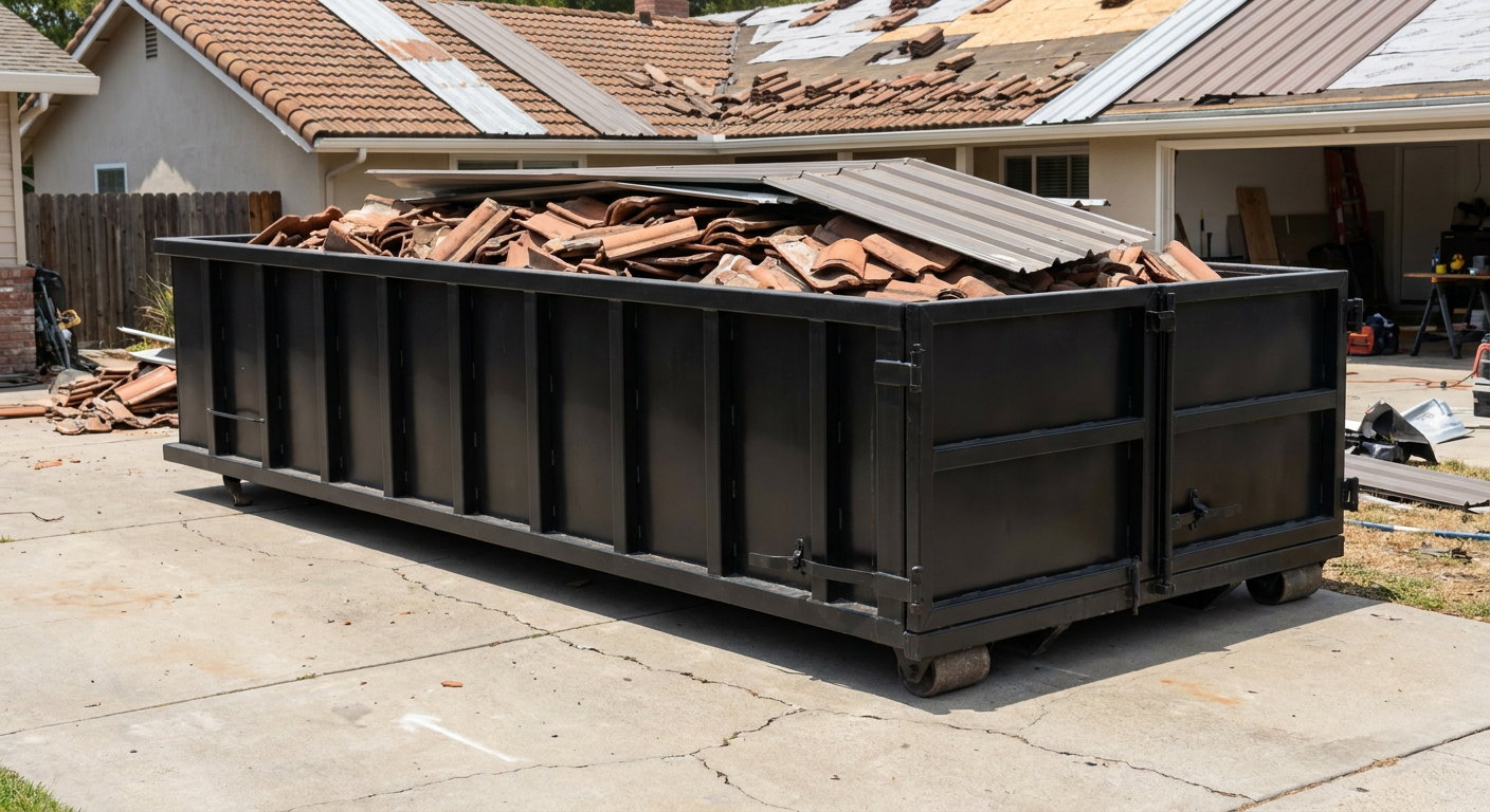 Matte-black low-wall heavy-debris roofing roll-off dumpster sitting directly on a Janesville concrete driveway, broken concrete clay roof tiles and metal panel sections loaded inside, reinforced ribbed steel side walls visible, bright outdoor daylight.