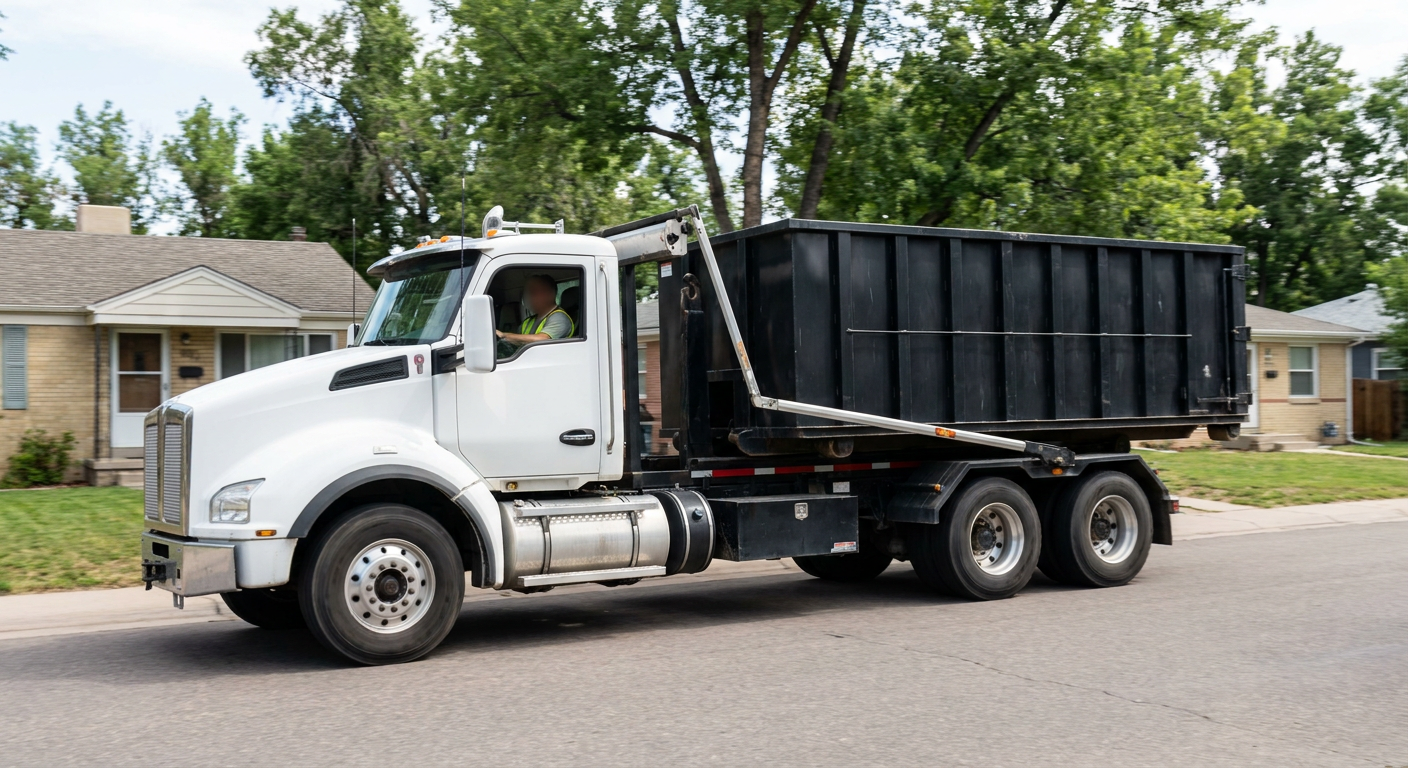 A wide documentary shot of a matte-black roll-off delivery truck pulling onto a quiet Janesville residential street at mid-morning, with neighborhood rooftops and tree-lined blocks visible behind, showing the metro coverage footprint.