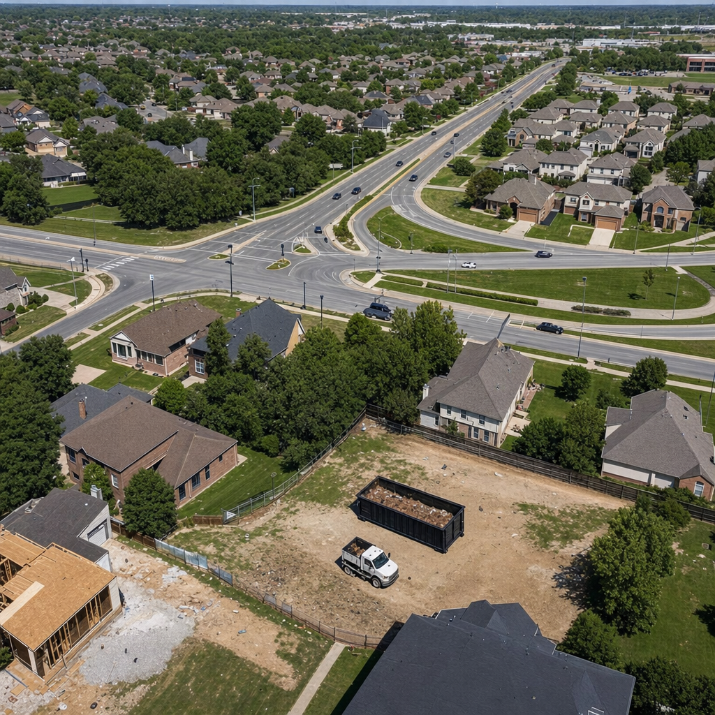 An overhead documentary view of the Janesville metro area at midday, showing the spread of neighborhoods, arterial roads, and the dispatch radius from a central yard — clean daylight, organized geographic layout.