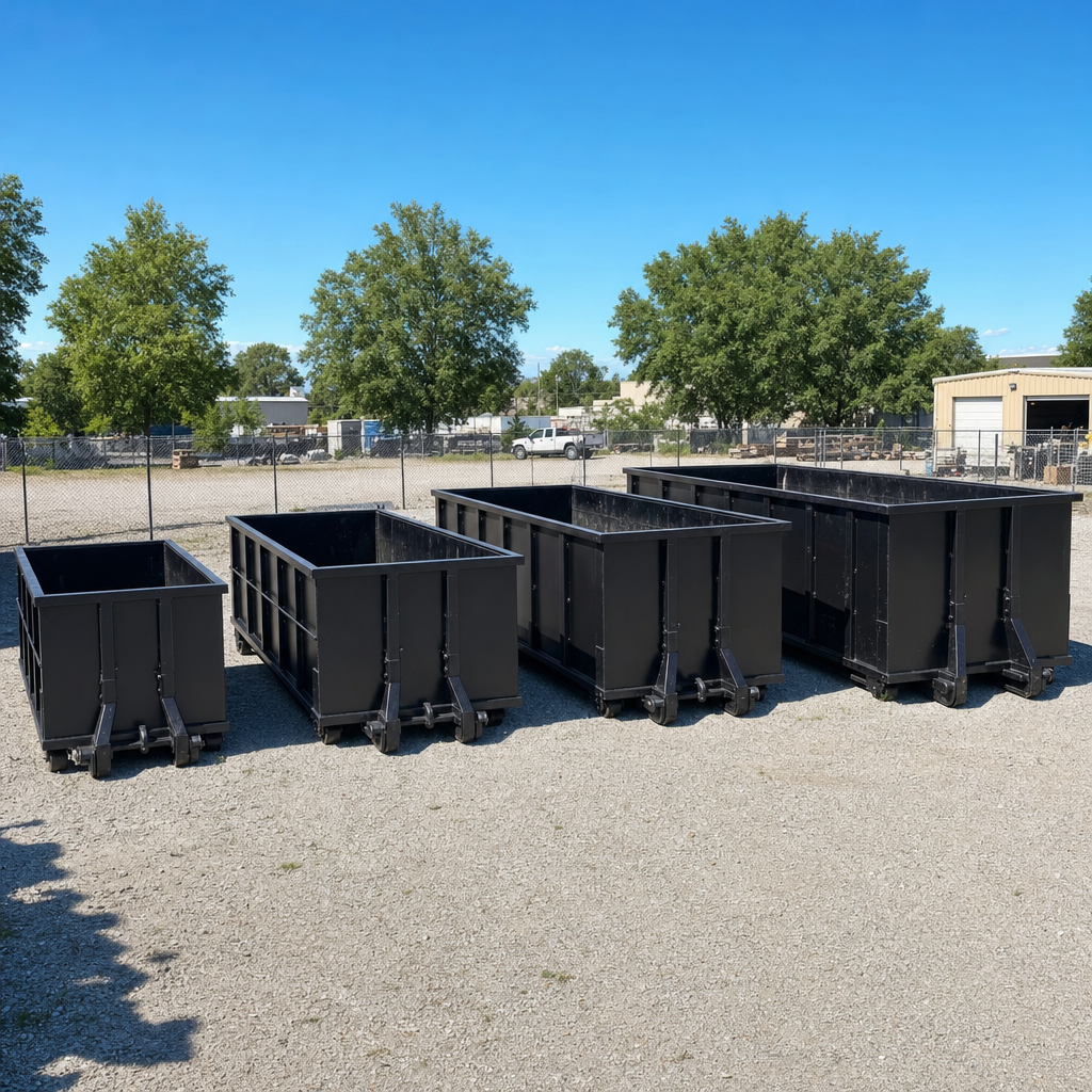 A clean lineup of matte-black roll-off dumpsters in 10, 20, 30, and 40-yard sizes staged on a sunlit gravel yard in Janesville, showing the size progression from compact to commercial-scale containers.