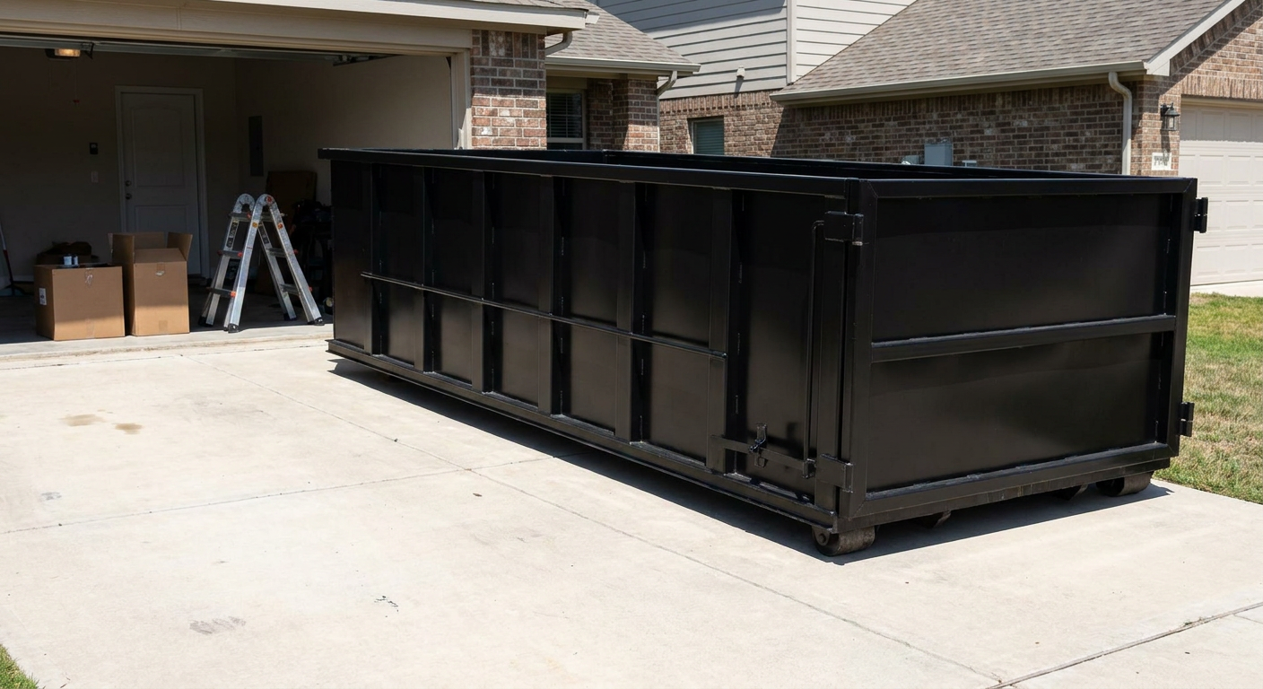A matte-black 10-yard roll-off dumpster sitting directly on a residential Janesville concrete driveway, mid-day sunlight, clean and ready for a garage cleanout.