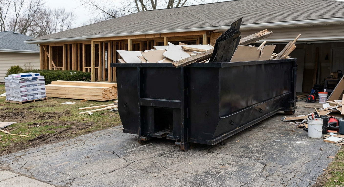 A matte-black 20-yard roll-off dumpster placed alongside a mid-renovation Janesville home directly on the asphalt driveway, with framing materials and torn-off shingles staged neatly nearby.