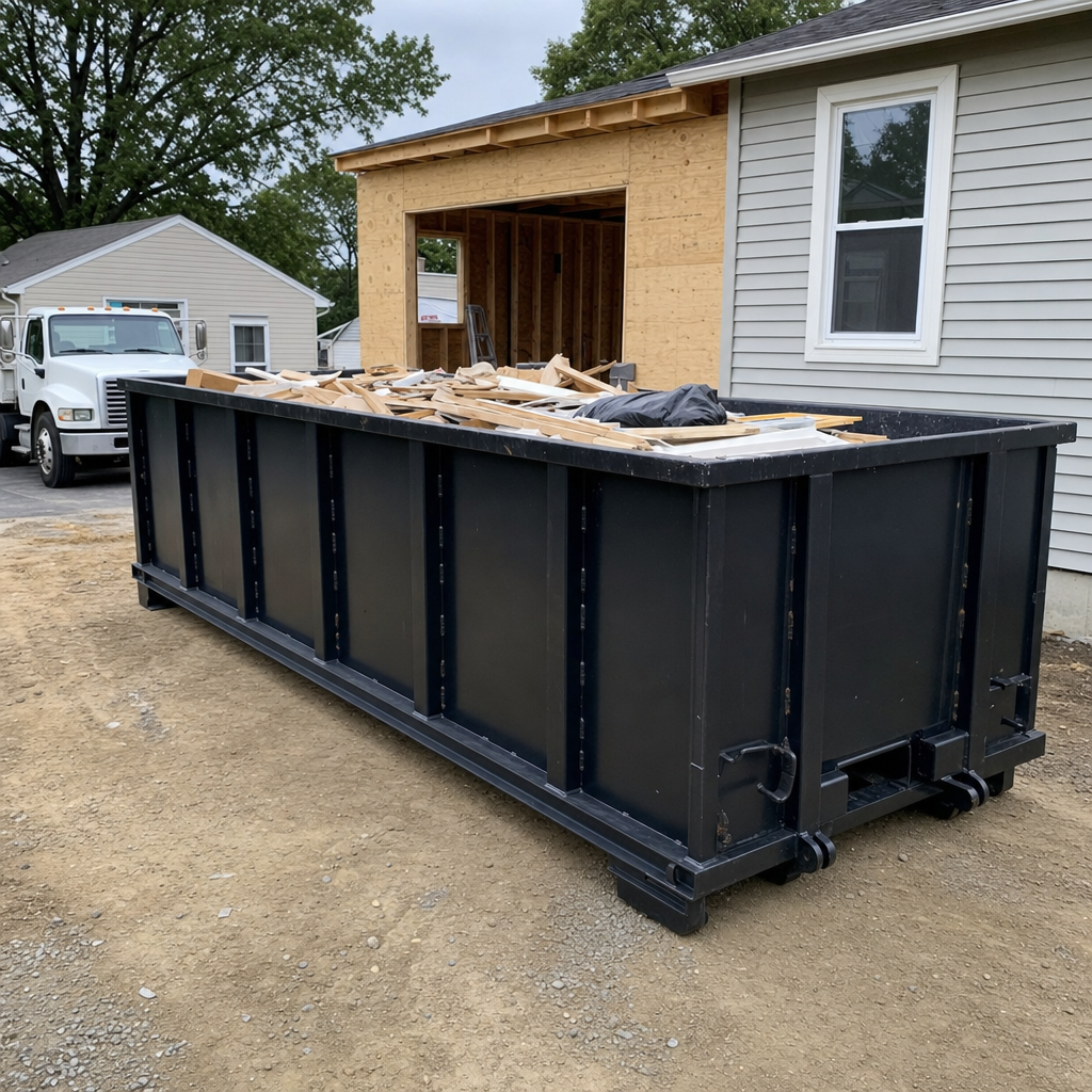 A matte-black 30-yard roll-off dumpster positioned at a Janesville residential addition jobsite, with framing lumber and drywall scraps loaded through the open swinging rear doors.