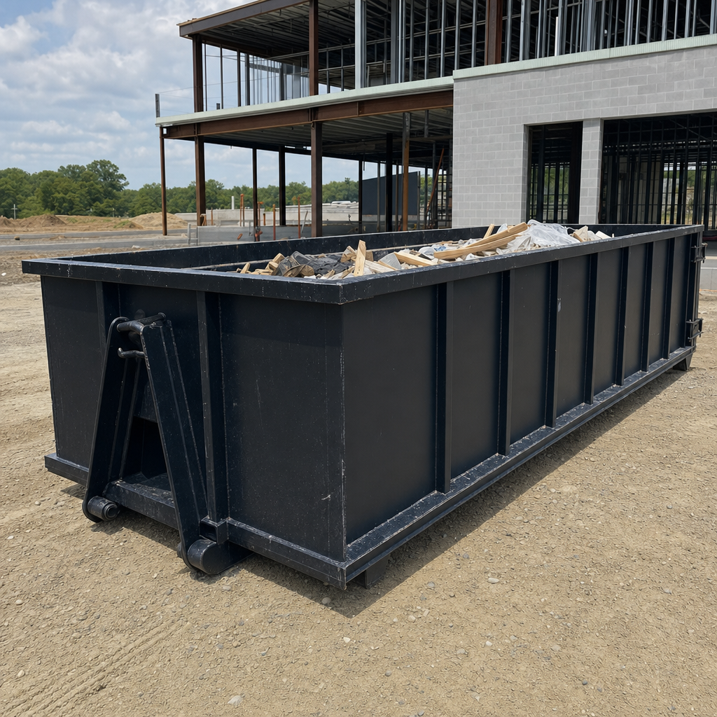 A matte-black 40-yard roll-off dumpster staged on a large Janesville commercial construction lot, with a hooklift delivery truck parked alongside under bright midday sky.