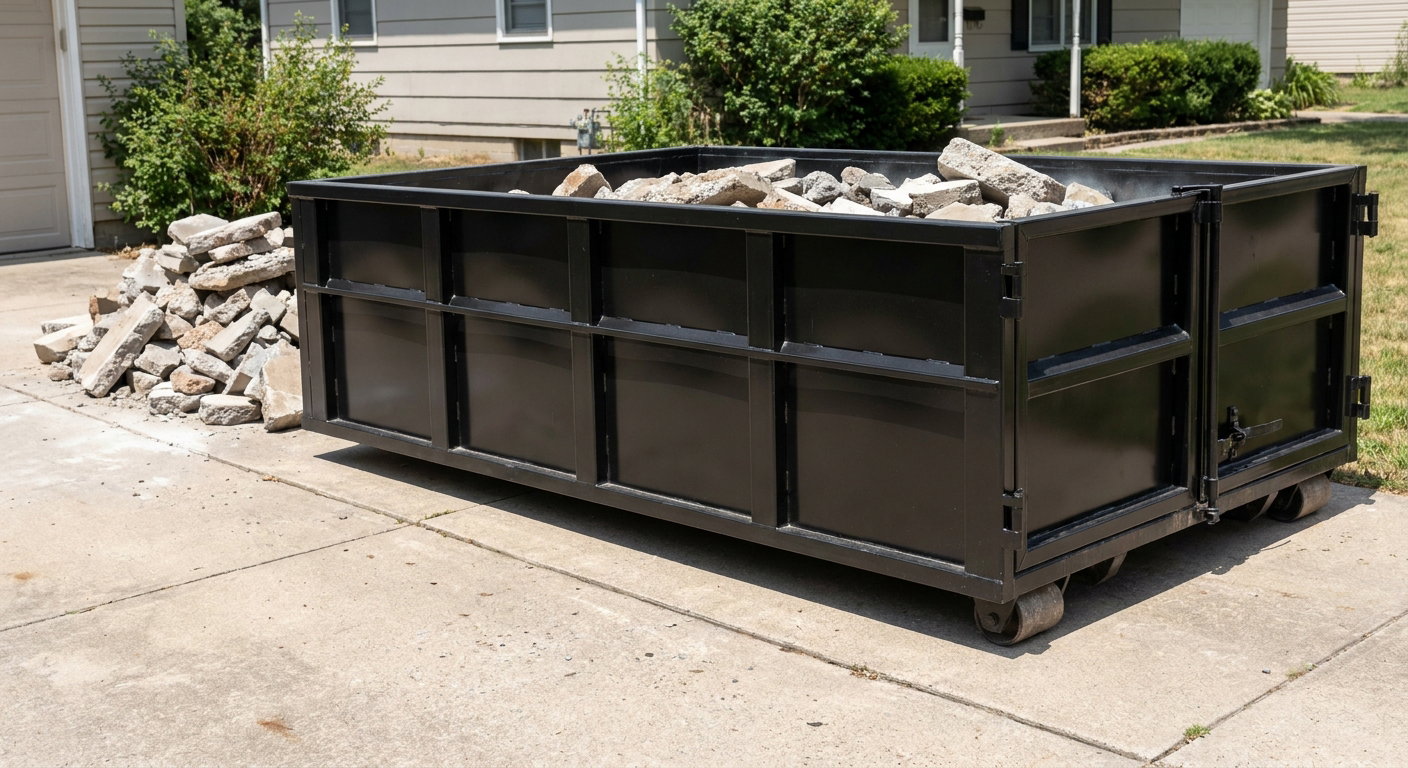 A matte-black low-side heavy-debris roll-off dumpster placed directly on a Janesville concrete driveway, with broken concrete chunks neatly stacked beside it under clean daylight.